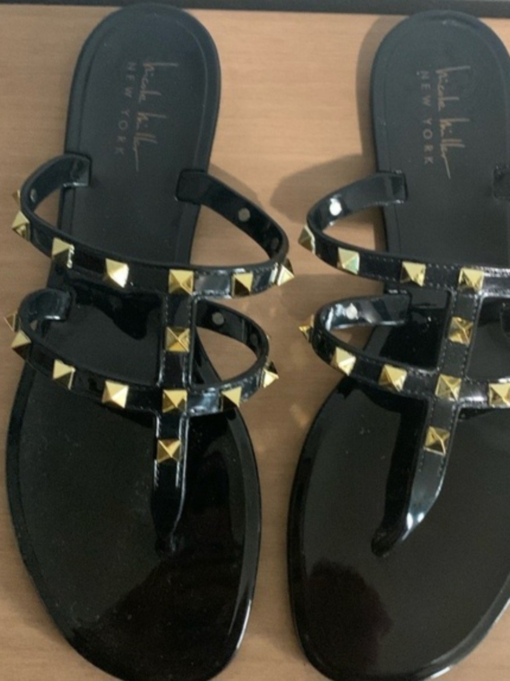 Nicole Miller Black Patent Slide Sandals with Gold Studs